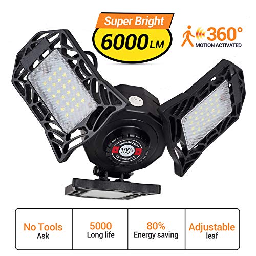 BEBANG Éclairage de garage à LED Activée par Le Mouvement, 60W 6000LM Déformable Plafonnier de Garage LED avec panneaux ajustables pour garage sous-sol atelier