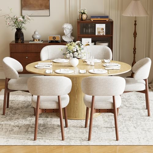 Image of MALOL 47 inch-63 inch Extendable Round to Oval Dining Table Chairs Set for 4-8, Modern Wooden Kitchen Table and Chairs with Hidden Storage and Fluted Design for Dining Room /Small Space(Natural Wood and Beige)