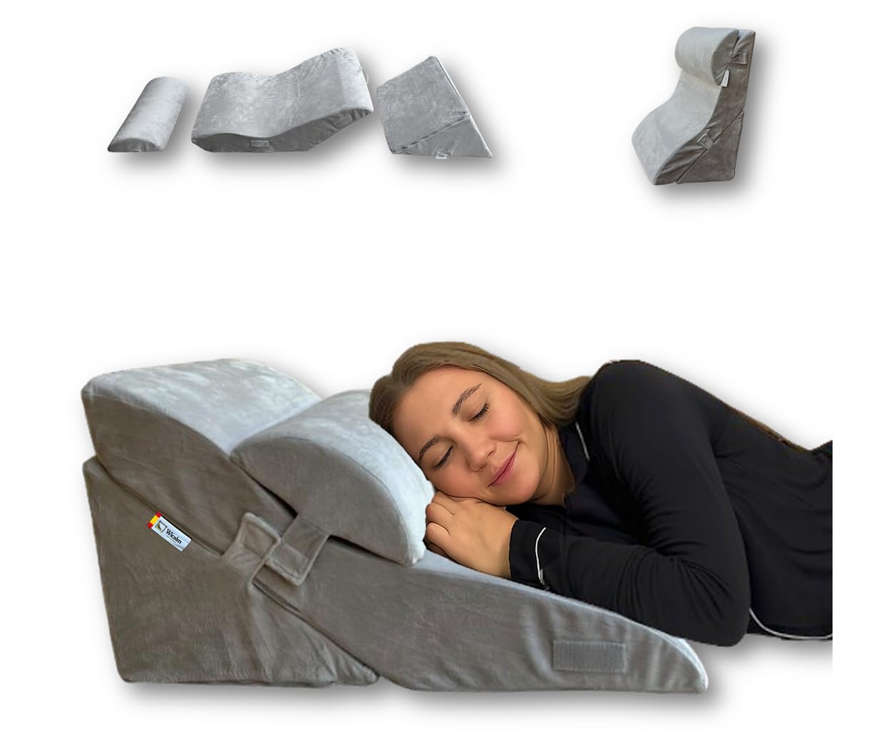 Cojín Respaldo Cama y Sofa de 3 Piezas – Multiposición- Certificada OEKO Tex y CertiPUR- Cojin Lectura Cama, Cuña Antireflujo Adulto, Wedge Pillow, Cojin de Lectura, Almohada Cuña– Funda Lavable.