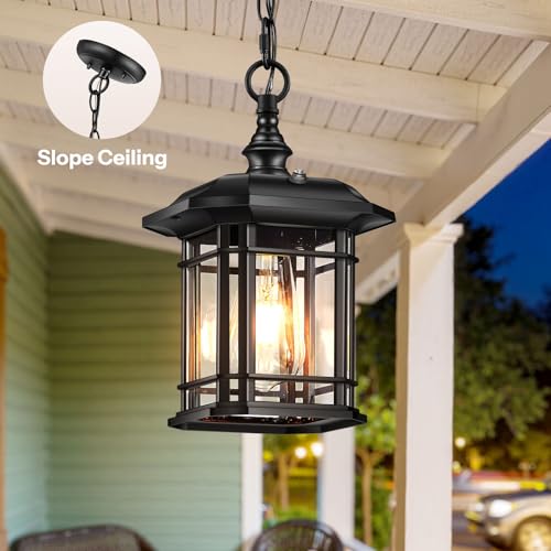 Image of Gleamz Dusk to Dawn Outdoor Pendant Lights for Porch, Black Hanging Exterior Light, Outside Chandelier with Adjustable Chain, Outdoor Hanging Lights for House, Doorway, Easy Installation, 1 Pack