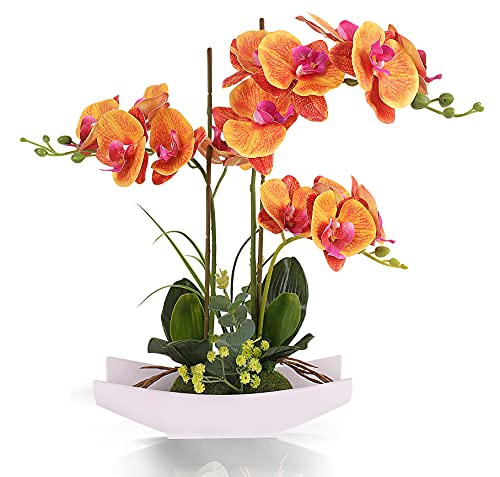 YOBANSA Real Touch Seide Orchidee Künstliche Blumen mit Blumentöpfen, Künstliche Phalaenopsis Gefälschte Orchidee Blumen Arrangements für Heimdekoration (Orange-A) Cover