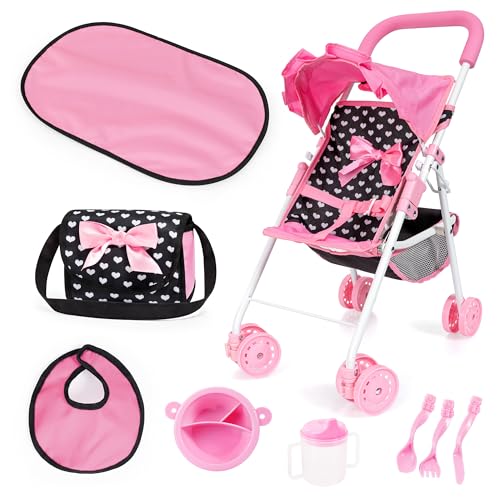Bayer Design: Buggy: Doll Stroller Set - Black, Pink, Hearts - Stroller w/Matching Shoulder Bag, Changing Mat & Feeding Accessories, Ages 3+
