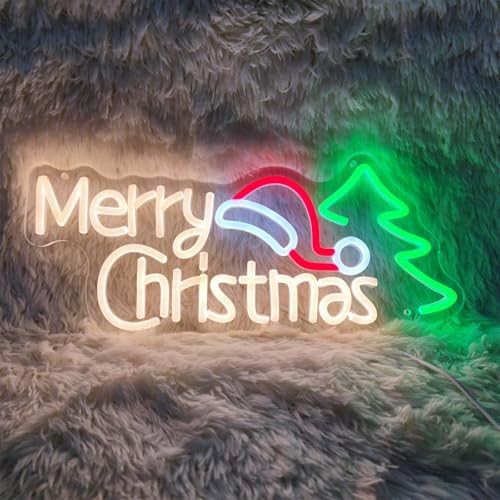Image of Merry Christmas Neon Signs for Wall Decor, Christmas Hat & Tree Neon Signs, Led Lighted Signs for Home, Living Room, Bedroom, Happy Party & Bar Decoration, 16.9 inch x 7.5 inch