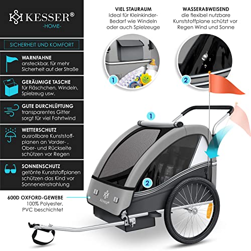 KESSER® Kinderanhänger Fahrradanhänger Sport-RX 2 in 1 Joggerfunktion Kinderfahrradanhänger + 5-Punkt Sicherheitsgurt 360Ḟ-Vorderrad Jogger Buggy 1 bis 2 Kinder max. 40kg, Hellgrau