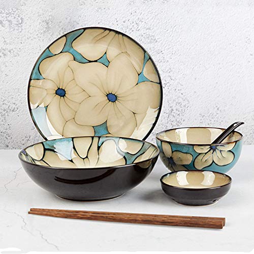 Juego de vajilla pintada a mano Tazón de arroz azul Tazón de sopa Plato de cena Plato de pescado Combinación de cerámica Servicio doméstico para 2, Vajilla de regalo Beauty Comes