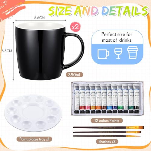 Image of Geiserailie Mug Painting Kit for Adults, Paint Your Own Ceramic Mug DIY Set with 2 Mugs, 12 Acrylic Paints, 3 Brushes & Palette Creative Gift for Graduation Mother's Day Birthday Party(Simple Black)