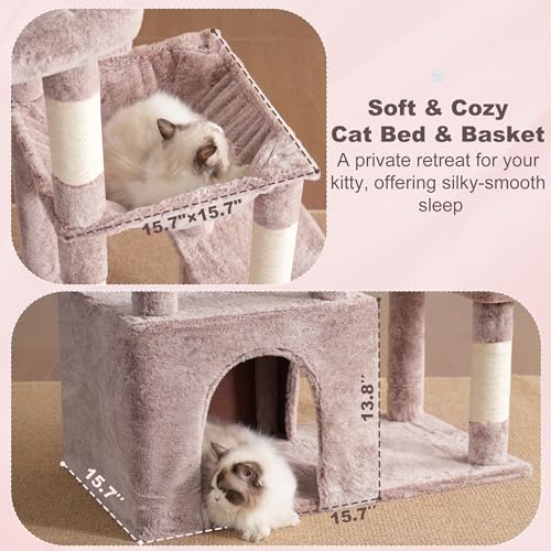 Image of Heybly Heavy Duty Cat Tree, Tower for Indoor Cats Large Adult, Tall Cat Condo House with Extra-Large Baseboard, Multi-Level Plush Furniture with Scratching Posts, Hammock,Toy Balls,Muchroom HCT026MU