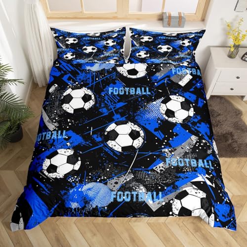 Loussiesd Juego de funda de edredón con diseño de balón de fútbol, juego de ropa de cama para niños, niñas y adolescentes, juego de funda de edredón Super King, regalo para los amantes del fútbol, 3