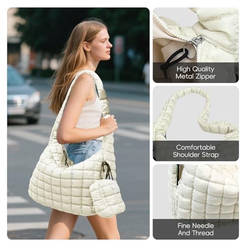 Image of Puffer Tote Bag for Women, Large Quilted Puffer Bag with Pouch, Puffy Quilted Hobo Bag, Puff Crossbody Purse