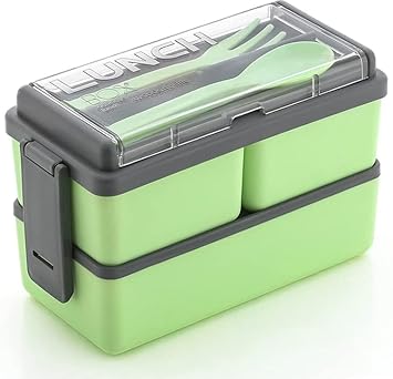 3-in-1 Compartment Lunch Box with 1 Spoon & 1 Fork for Adults, Microwave Safe Lunch Boxes (1500 ML) (Green)