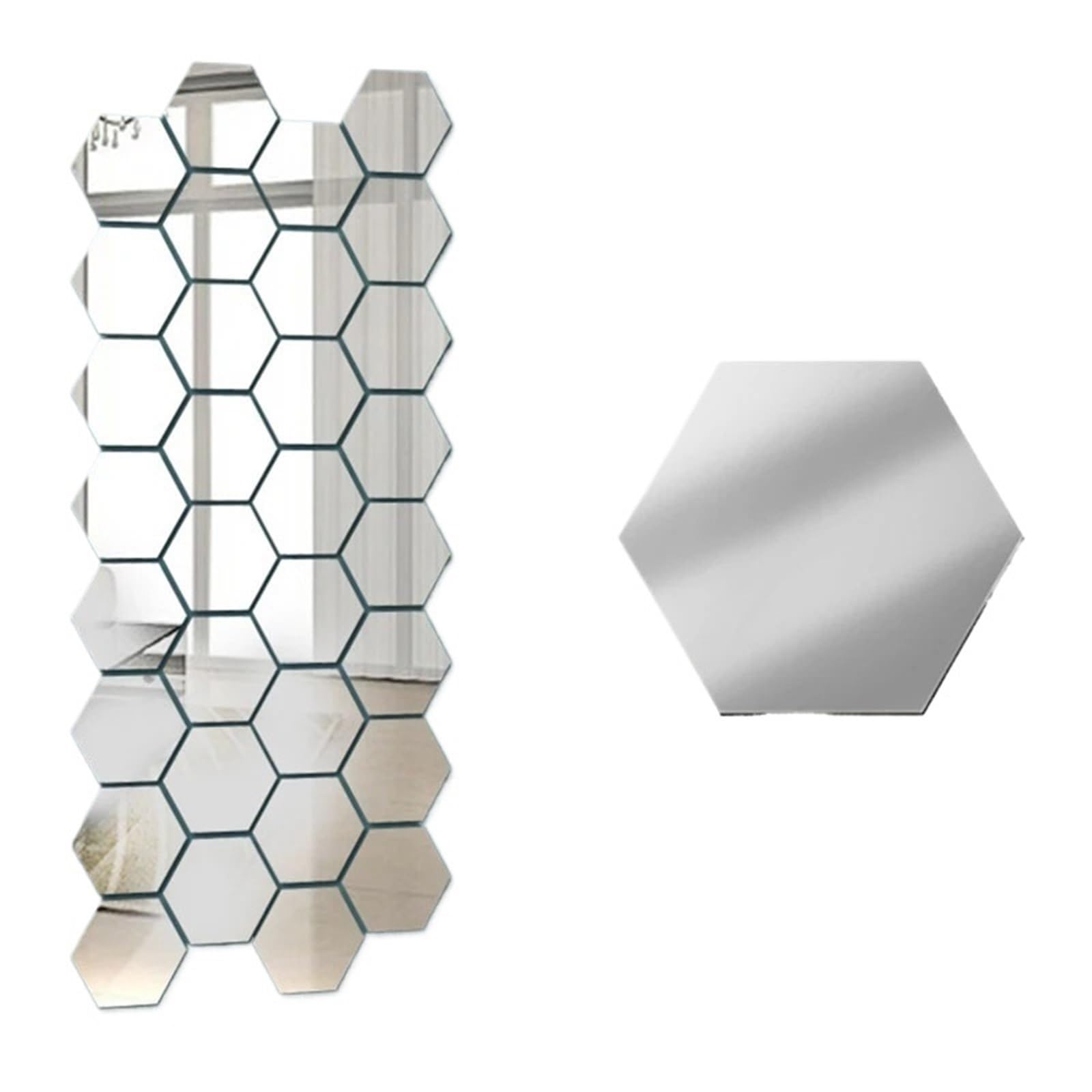 Hexagonal Mirror Wall Sticker 1/24pcs 3D Mirror Wall Sticker Hexagon Self Adhesive Mirror Stickers Art Wall Decals Mosaic Tiles DIY Home Bedroom Decor(Silver,24Pcs)