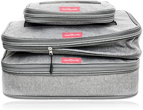 LeanTravel Compression Packing Cubes for Travel Organizers with Double Zipper (3-Pack (2L+1M), Grey)