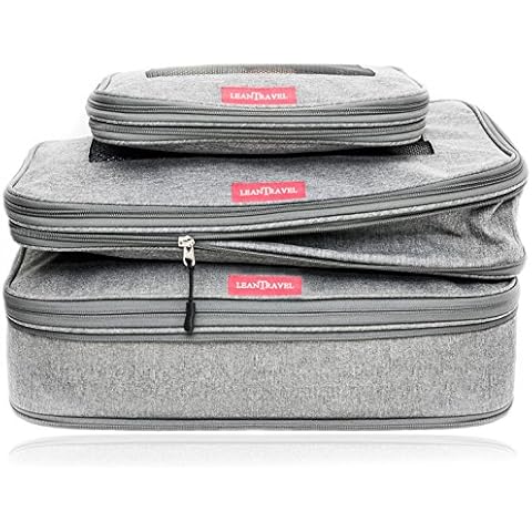 LeanTravel Compression Packing Cubes Luggage Organizers (3) Set Grey Cover