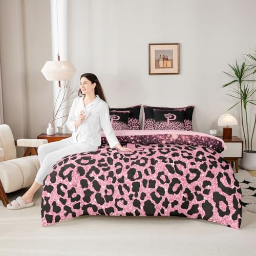 Image of Feelyou Bow Initial Letter P Comforter Set with Sheets 7 Piece King Size Glitter Leopard Print Bedding Set for Kids Boys Girls Girly Bow Bed in a Bag Room Decor Soft Lightweight Microfiber