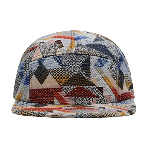 Hatphile Jacquard 5 Panel Camp Hat XL – Red & Navy Geometric Tapestry Pattern Adjustable Unisex Streetwear Cap, Low Profile XLarge Size Fashion Hat
