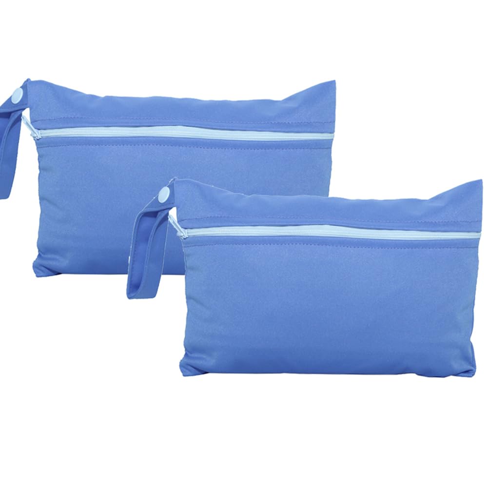 Wet Dry Bags 5.9 × 8.8 in 2 Pack Small Waterproof Diaper Bag with Single Zipper Reusable Polyester Travel Pouch for Baby Cloth Diapers Swimsuits Makeup Toiletry Storage (Sky Blue)