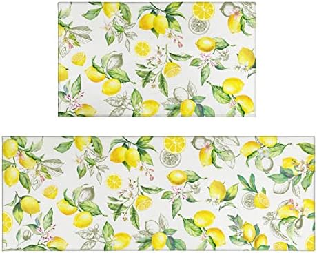 CocoBelin 2 Pieces Lemon Kitchen Rug Lemon Anti Fatigue Mat Non Skid Washable Standing Mat Lemon Kitchen Runner Rug 17x30+17x47inch, Lemon Rugs-yellow
