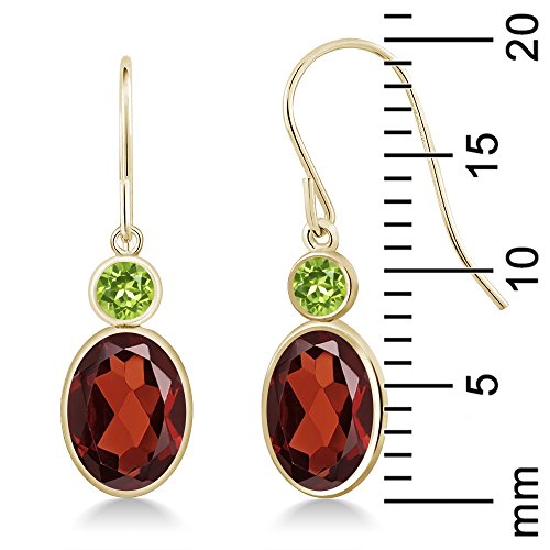 Gem Stone King 14K Yellow Gold Red Garnet and Green Peridot Hook French Fish Ear Wire Dangle Earrings For Women (3.04 Cttw, Gemstone January Birthstone, Oval 8X6MM, Round 3MM)2