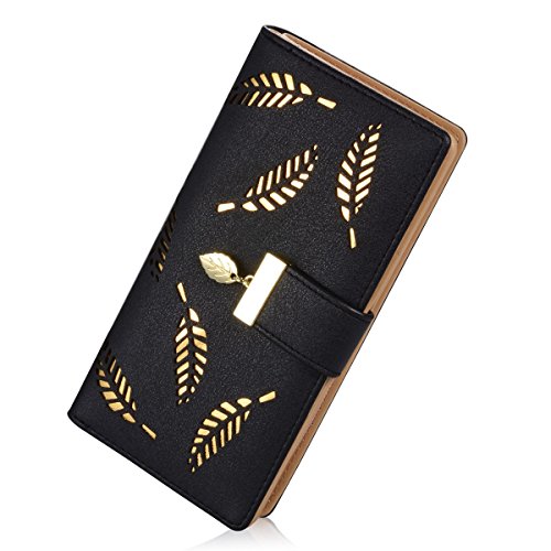 Women's Rose Gold Vegan Leather Leaf Bi-fold Card Coin Holder Long Wallet