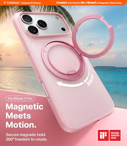 Image of TORRAS for iPhone 17 Pro Max Case, 360 Magnetic Stand, [Fit for MagSafe] [4X Military-Grade Protection] Slim Case for iPhone 17 Pro Max Phone case,6.9 inch, Translucent Pink, Ostand O3 Fitness Series