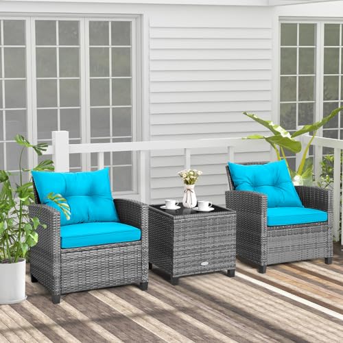 Image of Tangkula 3 Pieces Patio Furniture Set, Outdoor PE Rattan Conversation Chair Set with Tempered Glass Side Table and Removable Cushions, PE Wicker Chairs and Table Set for Porch, Balcony and Garden