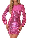 Allegra K Sequin Dress for Women Party Cocktail Lantern Long Sleeve Sparkly Glitter Disco Outfits Bodycon Mini Dresses X-Small Hot Pink