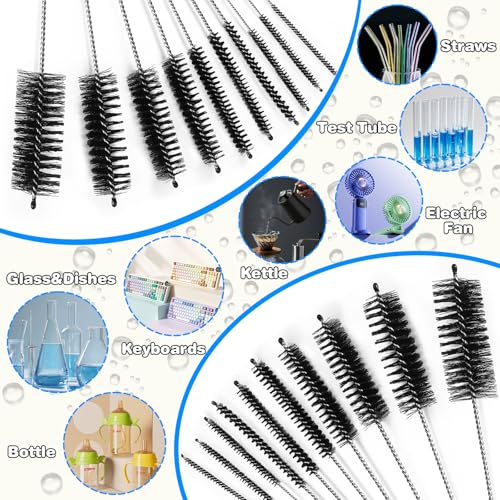 Image of Ixiaoyoo 11 Pcs Cleaning Brushes Set, 8 Inch + 60 Inch Cleaner Brushes | Black Nylon Brushes Kit for Bottles, Tumbler, Sippy Cups, Pet Waterers, Drinking Straws, Pipes, Sink Drain, Fish Tank, Hose