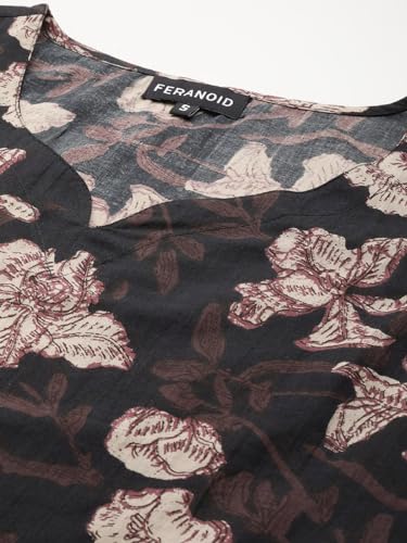 Image of feranoid Women's Pure Cotton Floral Print Straight Kurti | Elegant Curved V-Neck | Sleeveless Calf-Length Ethnic Wear | Comfortable Regular Fit | Sizes XS-XXL