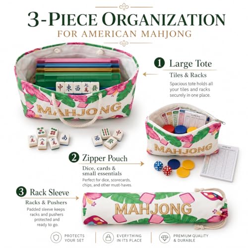 VEylixion 3 Pcs Empty American Mahjong Bags for Tiles and Racks and Mat, Pink Tropical Mahjong Carrying Tote with Zipper Tile Pouch and Rack Sleeve, Thickened Canvas Storage Bag, Case Only by VEylixion - Used condition - Image 3