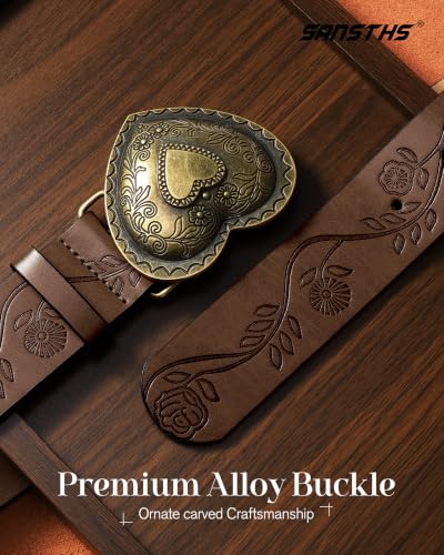 Image of SANSTHS Western Belt For Women, Womens Cowboy Belt For Pants Jeans With Vintage Floral Carved Design