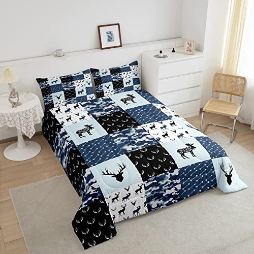 Cute Deer Comforter Set Twin, Military Camo Bedding Set For Kids Boys Teens Bedroom Tribal Animal Antlers Silhouette Quilted Comforter Checkered Plaid Arrows Bedding Comforters, Army Blue And White #TOP2