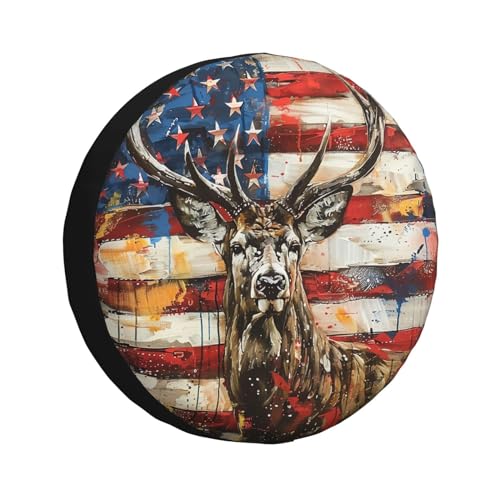 Image of Deer with American Flag Spare Tire Cover Wheel Protectors Weatherproof Deer Pattern Wheel Covers Universal Fit for Trailer RV SUV Truck Camper Travel Trailers Accessories 15 Inch