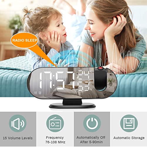 Zoos Projection Digital Alarm Clocks For Bedrooms 9" Led Mirror Digital Fm Alarm Clock Radio With Usb Charger Port, 180° Projector, Temperature & Humidity Display, 12/24H, Dual Alarm (Black+White) #TOP1