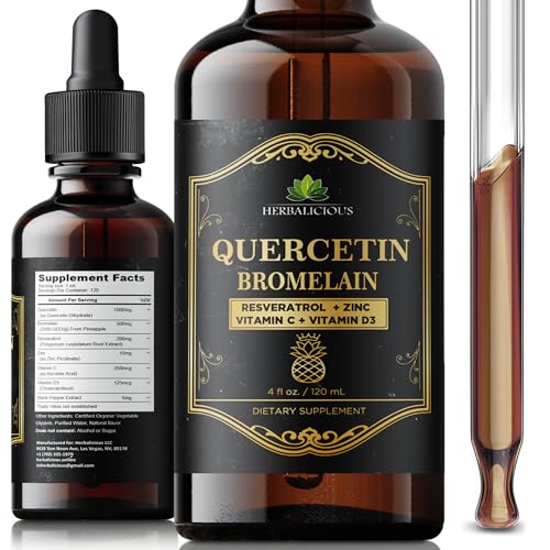 HERBALICIOUS Quercetin Bromelain Liquid with Resveratrol Zinc Vitamin C & D3 Immune Support Drops 4 fl oz (120 mL) Fast Absorption Non-GMO Dietary Supplement