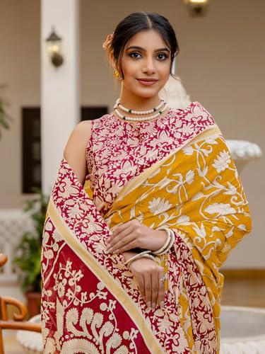 Image of SIRIL Women's Printed Ready to Wear Mul Cotton Saree With Unstitched Blouse Piece