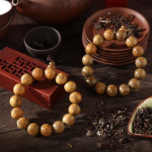 2 Pcs Tibetan Buddhist Green Sandalwood Beads Bracelets 15mm Scented Sandalwood Link Wrist Adjustable Wooden Crafts Prayer Beads for Men Women Meditation Protection3