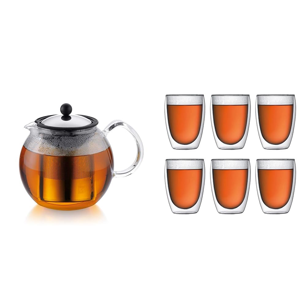 Théière à piston inox Bodum Assam 1,5L et verres Pavina double paroi soufflés bouche