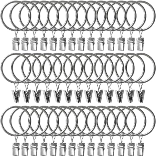 Image of AMZSEVEN 40 Pack Metal Curtain Rings with Clips, Drapery Clips Hooks, Decorative Curtain Rod Clips 1.5 in Interior Diameter, Silver
