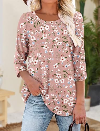 KISSMODA Tunic Tops for Women Loose Fit Dressy Round Neck Pleated 3/4 Length Sleeve Spring Tops