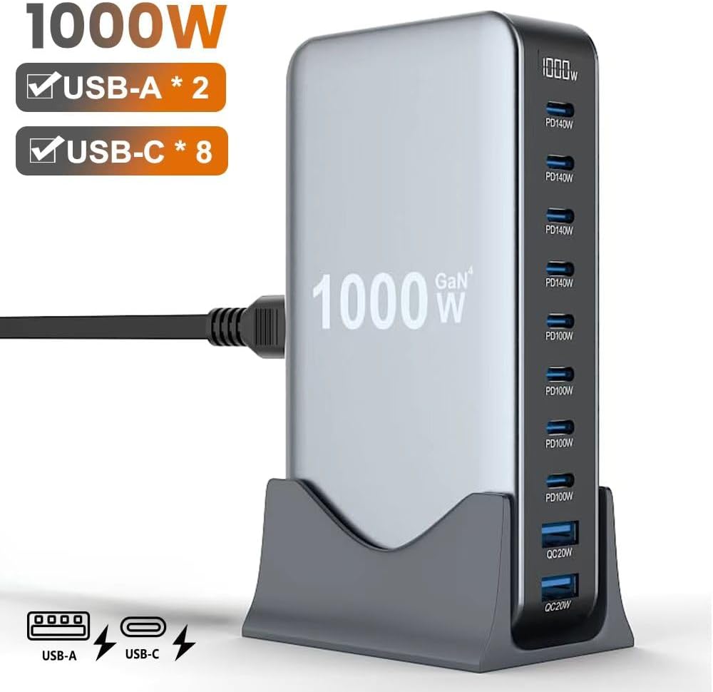 Famous Tech Shop 1000W GaN 10-Port Desktop Charging Station with 240W USB-C Cable – Ultra-Fast Multi-Device Charger Hub for Laptops, Tablets, Smartphones, Gaming Consoles & Headphones