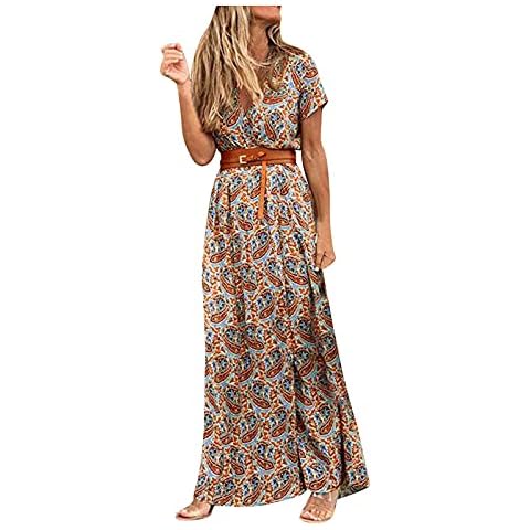 mothcattl Women‘s Boho V Neck Short Sleeve Paisley Print Belt Large Hem Beach Long Dress Brown L Cover