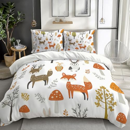 California King Duvet Cover Cartoon Fox Deer Mushroom Cal King Bedding Duvet Cover Set, 3 Pieces, Soft and Breathable Comforter Cover with 2 Pillow Shams, for All Season