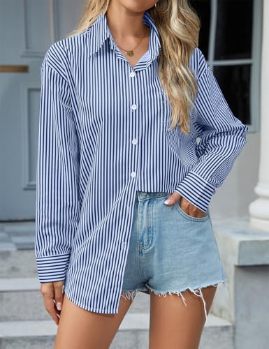 Womens Striped Button Down Shirt Classic Casual Long Sleeve Loose Office Work Blouses Tops with Pocket4