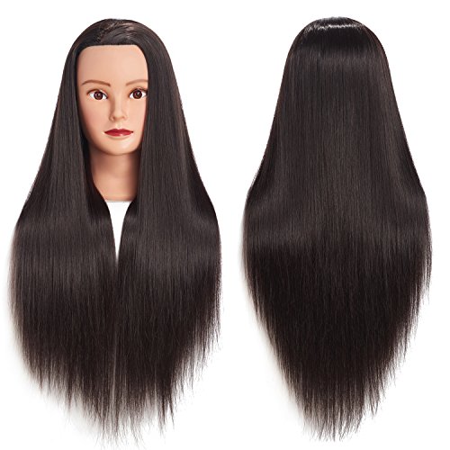 26"-28" Mannequin Head Hair Styling Training Head Manikin Cosmetology Doll Head Synthetic Fiber Hair Hairdressing training model with free clamp (Black)