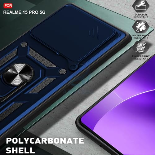 Image of AESTMO Tough Armor Realme 15 Pro 5G Bumper Back Case Cover | Ring Holder & Sliding Camera Shield Cover | 360 Degree Protection Back Case Cover for Realme 15 Pro 5G (Blue)