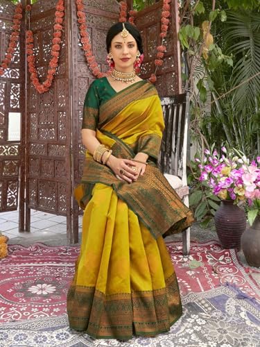 Image of Women's Soft Art Silk Kanjivaram Saree and Unstitched Blouse Piece with Floral Rich Pallu and Jacquard Jari Work On All Over | South Indian Saree