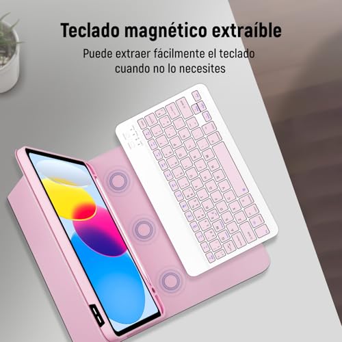 Funda con Teclado Español Ñ para iPad 10 Generación 2022/11 Generación A16 2025 (10.9/11 Pulgada),Teclado Bluetooth Magnético Desmontable para 10.ª Gen 2022, Rosa - imagen 6