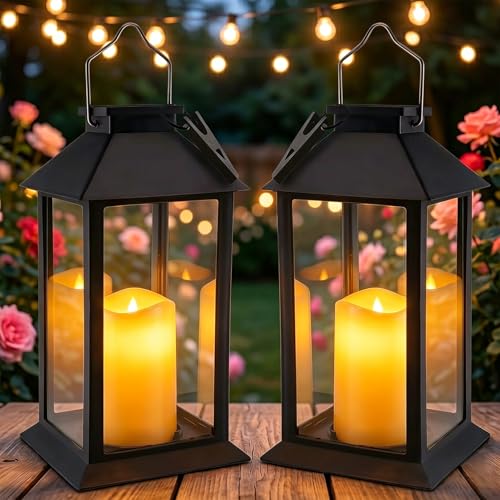 Dekofun Lanternas solares exteriores, 2 peças lanterna solar com vela pisca, vidro temperado, IP44, impermeável candeeiro solar exterior para jardim, terraço, mesa decoração - preto