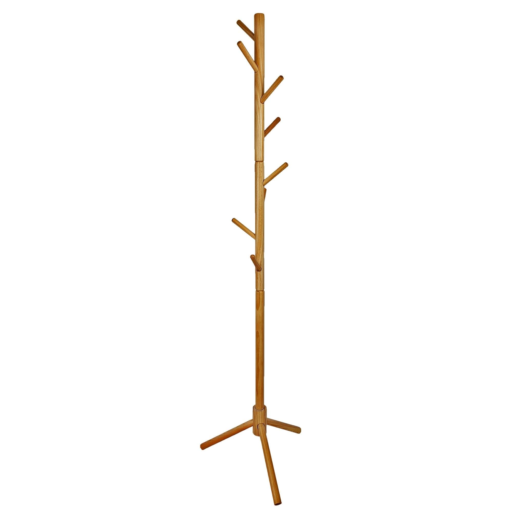 keypak Wooden Coat Stand, Freestanding Coat Rack, 8 Hooks, Adjustable Height, Hallway Coat Tree for Hanging Clothes, Jackets, Bags, Hats (Pine)