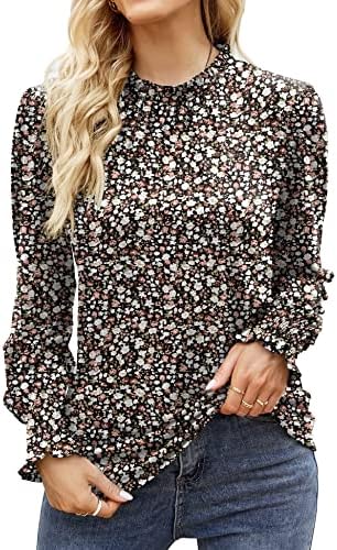 LOMON Long/Short Sleeve Blouses for Women Frill Mock Neck Ruffle Puff Sleeve Work Casual Loose Tunic Tops